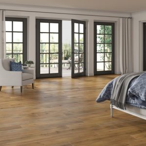 Installed view of Timberbrushed gold engineered sand mountain flooring