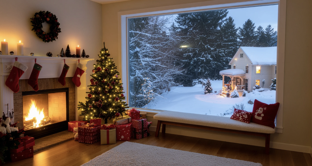 christmas living room with hardwood flooring