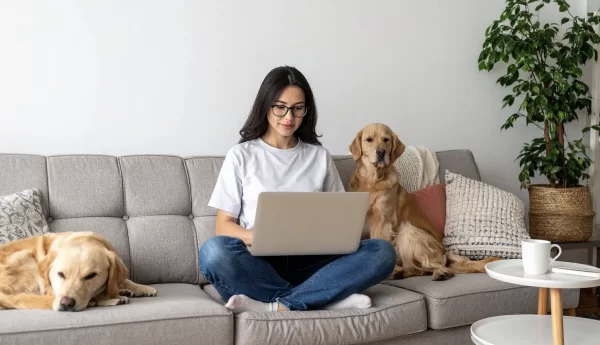 woman sitting on couch with two dogs while looking at her laptop