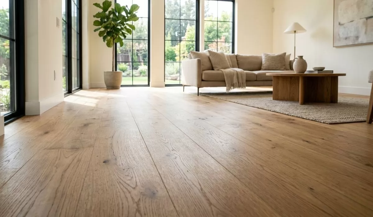 Wide plank oak hardwood flooring in a bright modern living room with large windows and natural light